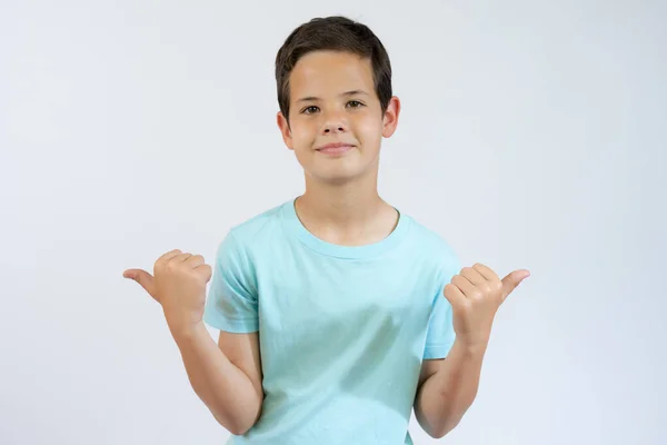 Cheerful Smiling Little Boy Standing White Background Showing Thumbs — Stock Photo, Image