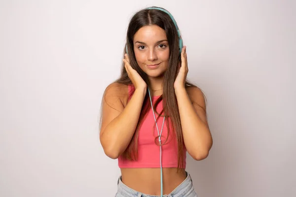 Mujer Joven Con Auriculares Escuchando Música Music Chica Adolescente Contra — Foto de Stock