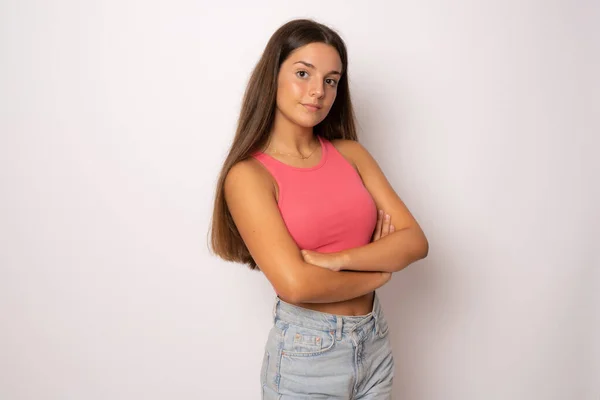 Beautiful Teen Girl Summer Clothing Arms Folded Isolated White Background — Stock Photo, Image