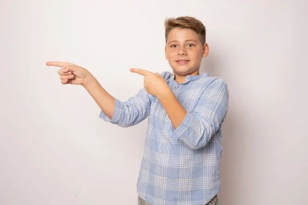 Young Handsome Boy Wearing Shirt Big Smile Face Pointing Hand — Stock Photo, Image