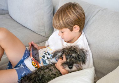 Küçük sarışın çocuk evde kanepede oturmuş Schnauzer yavru köpeğine sarılırken akıllı telefon kullanıyor..