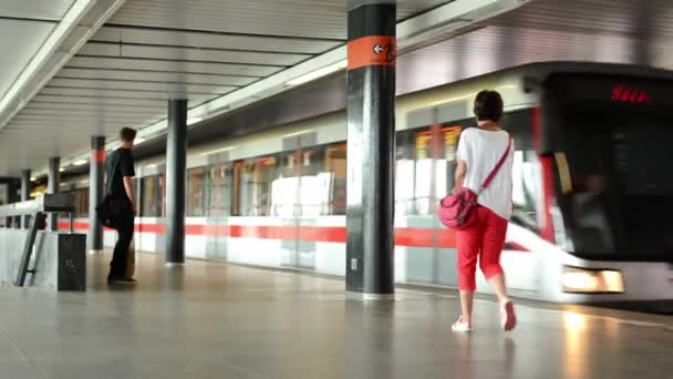 El tren llega a la estación de metro (metro) - la gente entra y sale — Vídeo de stock