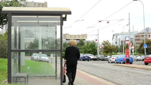 Lege tram stoppen - oude vrouw rondlopen - parkeerplaats met gebouwen in de achtergrond — Stockvideo