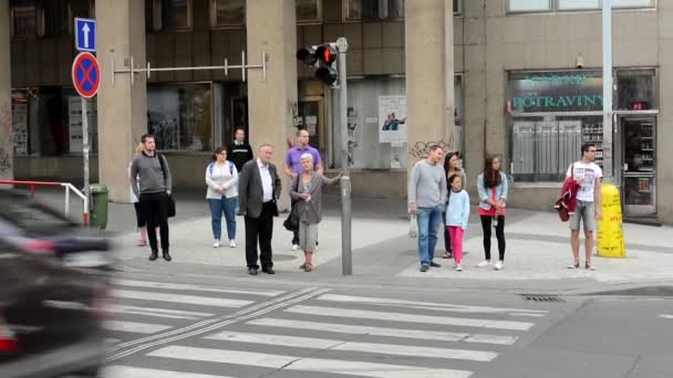 Voetgangers te wachten bij verkeerslichten - drukke stedelijke straat met auto's in de stad — Stockvideo