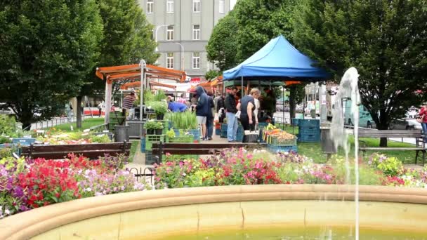 Boerenmarkt in de stad en bomen met mensen - fontein met bloemen — Stockvideo