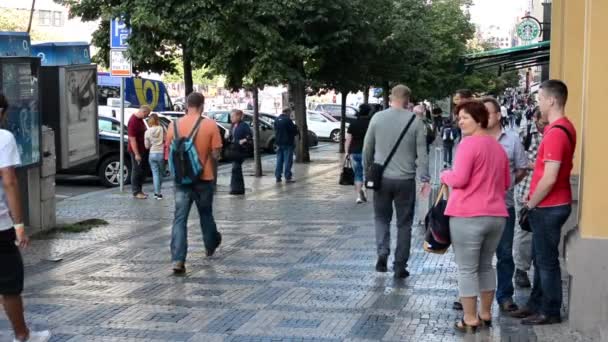 Praça Venceslau com pessoas e carros estacionados - edifícios e natureza (árvores) - pessoas caminhando: pavimento — Vídeo de Stock