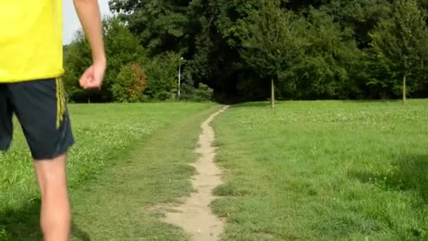 Muž sport - běh - muž rozcvičení před jogging - park (stromy a tráva) - zamračená obloha - jezdec (pohyb shora dolů) — Stock video