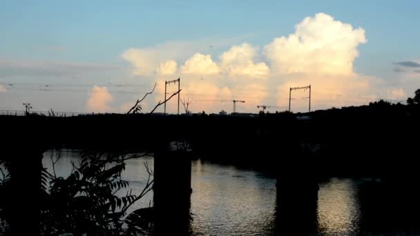 Floden med bron för tåg - molnig himmel (solnedgång) - natur (träd och buskar) - kranar - byggnader - hög kontrast - reflektion i vatten — Stockvideo