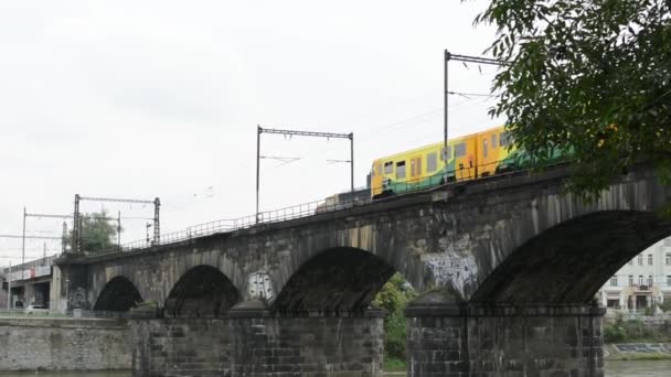 Puente para el tren sobre el río - ciudad con edificios - naturaleza (árboles y arbustos) - tren de paso — Vídeo de stock