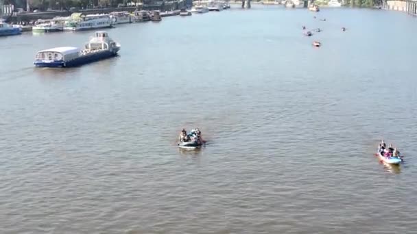 Personas a bordo y remando - piragüismo - barcos en el río (Moldava) - ciudad (edificios) en el fondo - soleado — Vídeo de stock