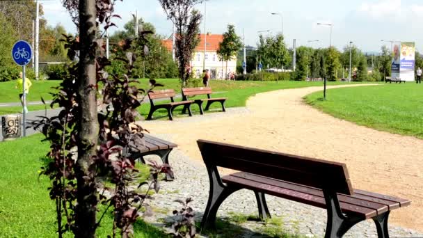 Mensen in het park (in stad) - groen (gras en bomen-woud) - bestrating en Bank - rolschaatsers, fietsers en hardlopers — Stockvideo