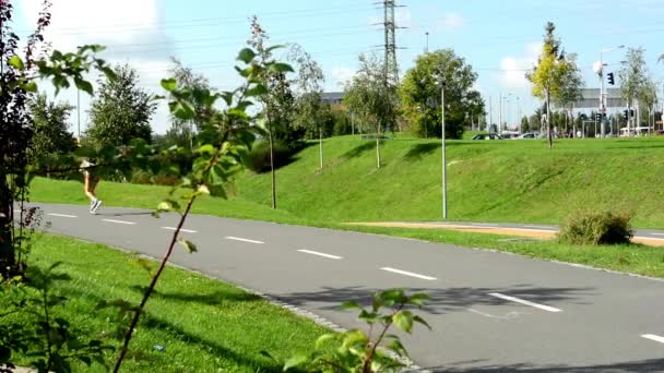 Ludzi w parku (w mieście) - zielony natura (trawa i drzewa) - bruk - roller łyżwiarze — Wideo stockowe