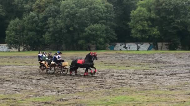 Horse-drawn carriage carrying people - battlefield - military — Stock Footage Horse-drawn carriage carrying people - battlefield - military Stock Footage