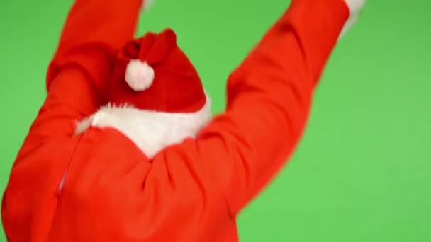 Santa claus - zielony ekran - studio - santa claus stojący z powrotem i raduje się (szczęśliwy) — Wideo stockowe