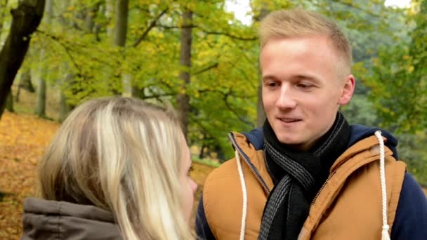 Gelukkige paar praten (gesprek) - herfst park (natuur) - man glimlach (gelukkig) — Stockvideo