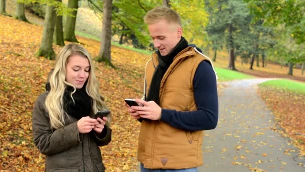 Jonge model paar in liefde - herfst park(nature) - Stel (man en vrouw) ontspannen in park - gelukkige paar - vrouw op telefoon en man op telefoon (bericht schrijven) - gelukkige paar glimlach — Stockvideo