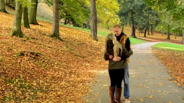 Joven modelo pareja enamorada - otoño parque (naturaleza) - pareja (hombre y mujer) caminando en el parque - pareja cogida de la mano - mujer corre hacia el hombre - pareja beso - pareja abrazo - feliz pareja — Vídeos de Stock