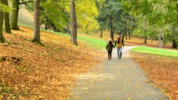 Jeune couple modèle amoureux - parc d'automne (nature) - couple (homme et femme) marchant dans le parc - couple se tenant la main - couple parlant - couple heureux 