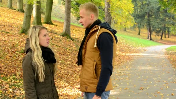 Concepto - violencia doméstica - pareja infeliz en el parque de otoño - hombre agarra la mano de la mujer - pareja hablando (pareja discutiendo ) — Vídeo de stock