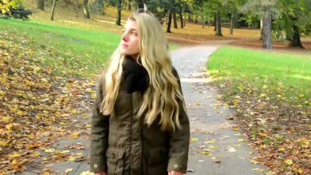 Vrouw wandelen in herfst park - de stralen van de zon - stoep met bladeren — Stockvideo