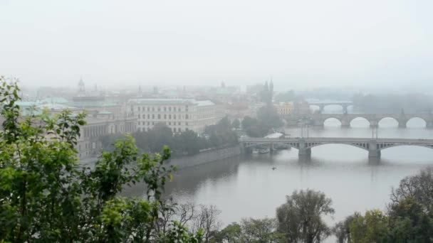 Panorama van de stad - Prauge (Tsjechië) - ochtendnevel - natuur — Stockvideo