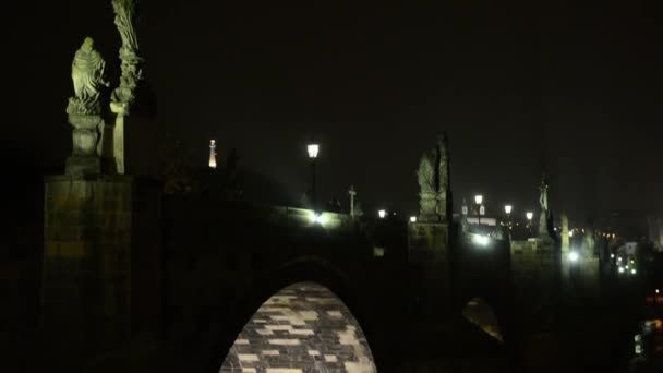 Puente nocturno Charles - río Moldava - lámparas (luces ) — Vídeo de stock