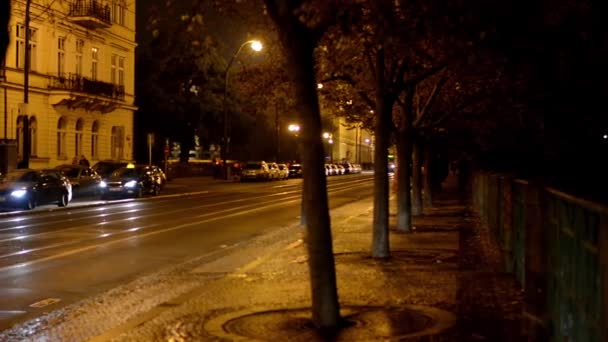 Ciudad nocturna - calle nocturna con coches - lámparas y personas - faros de coche y tranvía - acera con árboles — Vídeos de Stock