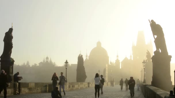 Pont Charles avec les gens marche - lever du soleil - ville - brouillard matinal - bâtiments avec statues - trottoir pavé — Video