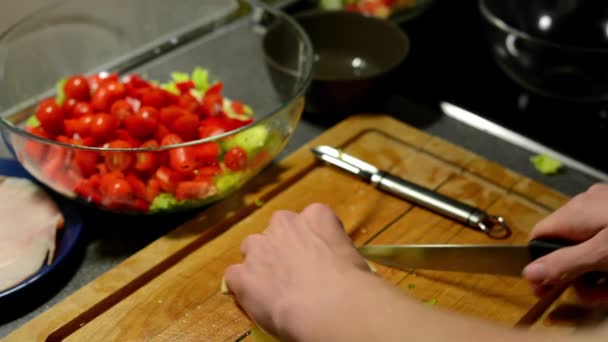 El hombre prepara la ensalada - el queso cortado en rodajas — Vídeos de Stock