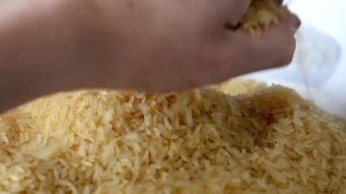 Doğal pirinç - pirinç arka planda kutusuyla - el