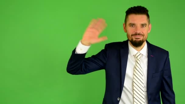 Business man waving hand - green screen - studio — Stock Video