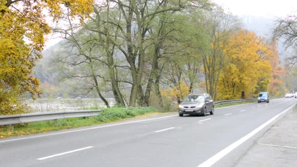 Carretera con coches en el campo (naturaleza otoñal) - árboles y río — Vídeos de Stock