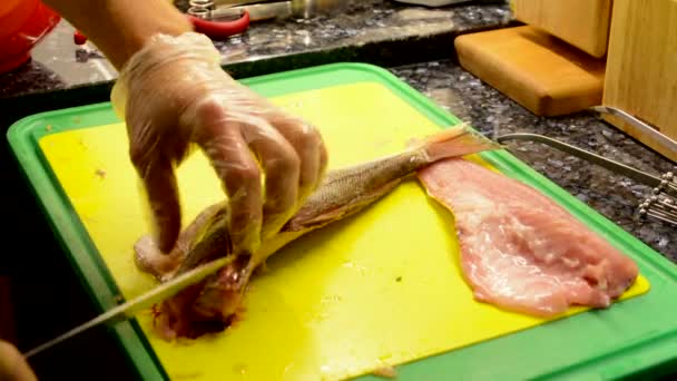 Kocken kockar mat i köket - kocken skivning fisk - närbild — Stockvideo