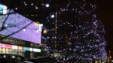 (Alışveriş merkezi) Noel ışıkları arabalı - bina şehir: Kentsel sokak - gece - Noel ışıkları ile süslenen kentsel ağacı