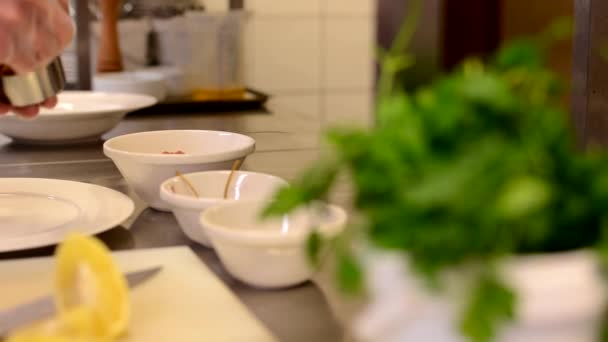 Chef prepara comida - bife tartare — Vídeo de Stock