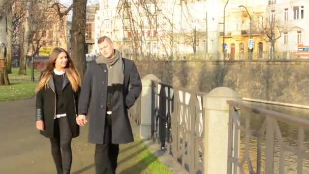 Joven modelo pareja enamorada caminando en el parque - pareja cogida de la mano - ciudad — Vídeos de Stock