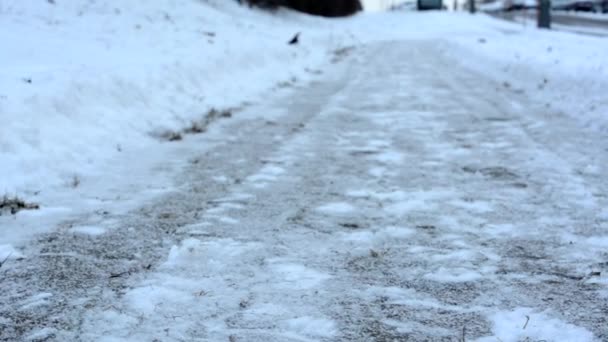 Καθαρός χειμωνιάτικος πεζοδρόμιο - πεζοδρόμιο με χιόνι — Αρχείο Βίντεο