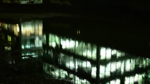 Reflectie in een vijver - zakelijke gebouwen (kantoren) - nacht - windows met lichten - stad — Stockvideo