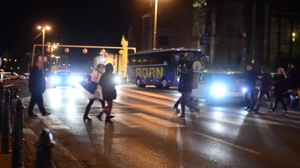 Stadtstraße mit Autos und Menschen überqueren die Straße - Zebrastreifen - Nacht — Stockvideo