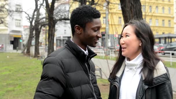 幸せなカップルの笑いし、黒人男とアジア女 (会話) - の都市の車と都市ストリート - 公園 - の話 — ストック動画