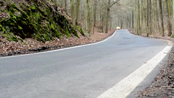 Une voiture de taxi traverse la forêt nue nuageuse 