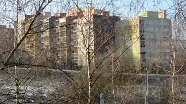 Alberi nudi - edifici sullo sfondo (grattacielo di appartamenti ) — Video Stock