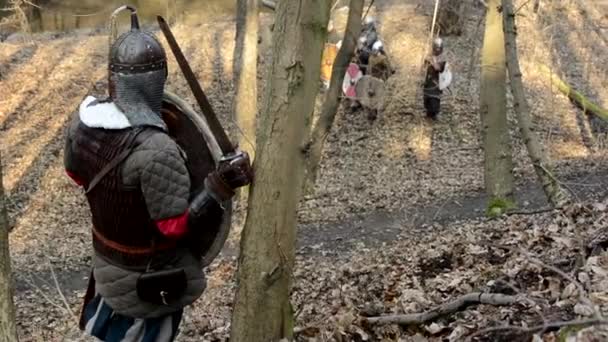 Middeleeuwse soldaat wacht en kijkt rond in het bos — Stockvideo