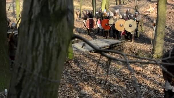 Средневековая битва - война - солдаты ждут в ряд — стоковое видео