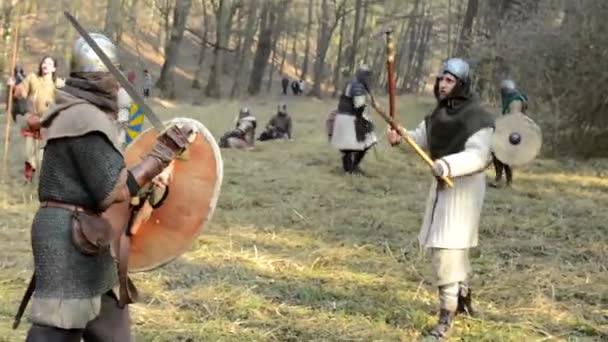 Batalla medieval - guerra - lucha de soldados - lucha de dos soldados y otros soldados de fondo — Vídeo de stock