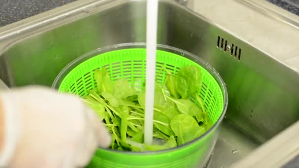 Повар готовит овощи - наливает воду в шпинат — стоковое видео