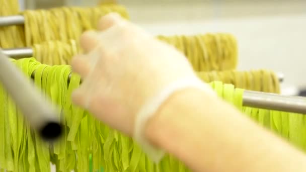 Chef pone pasta seca en el stand - después de la producción - primer plano — Vídeo de stock