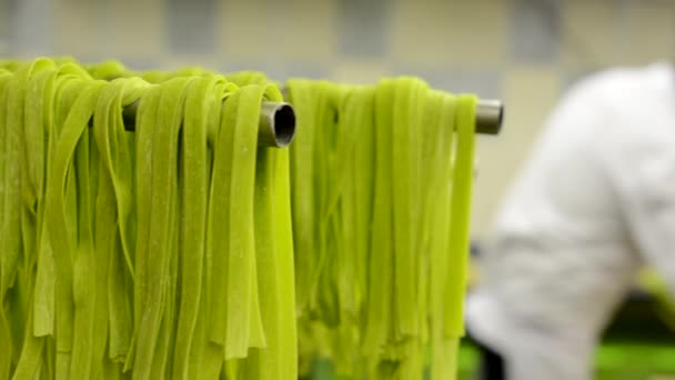 Виробництво макаронних виробів - машинне виробництво макаронних виробів - кухар виготовляє макарони (витягується з машини ) — стокове відео