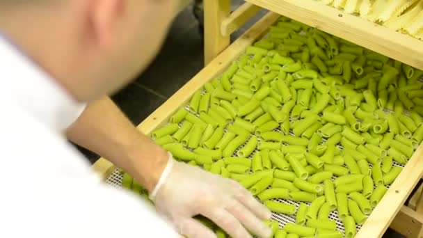 Сушеная паста в стойке - шеф-повар контролирует качество макарон — стоковое видео