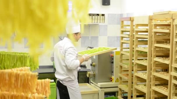 Chef-kok geeft pasta te rack - fabriek — Stockvideo